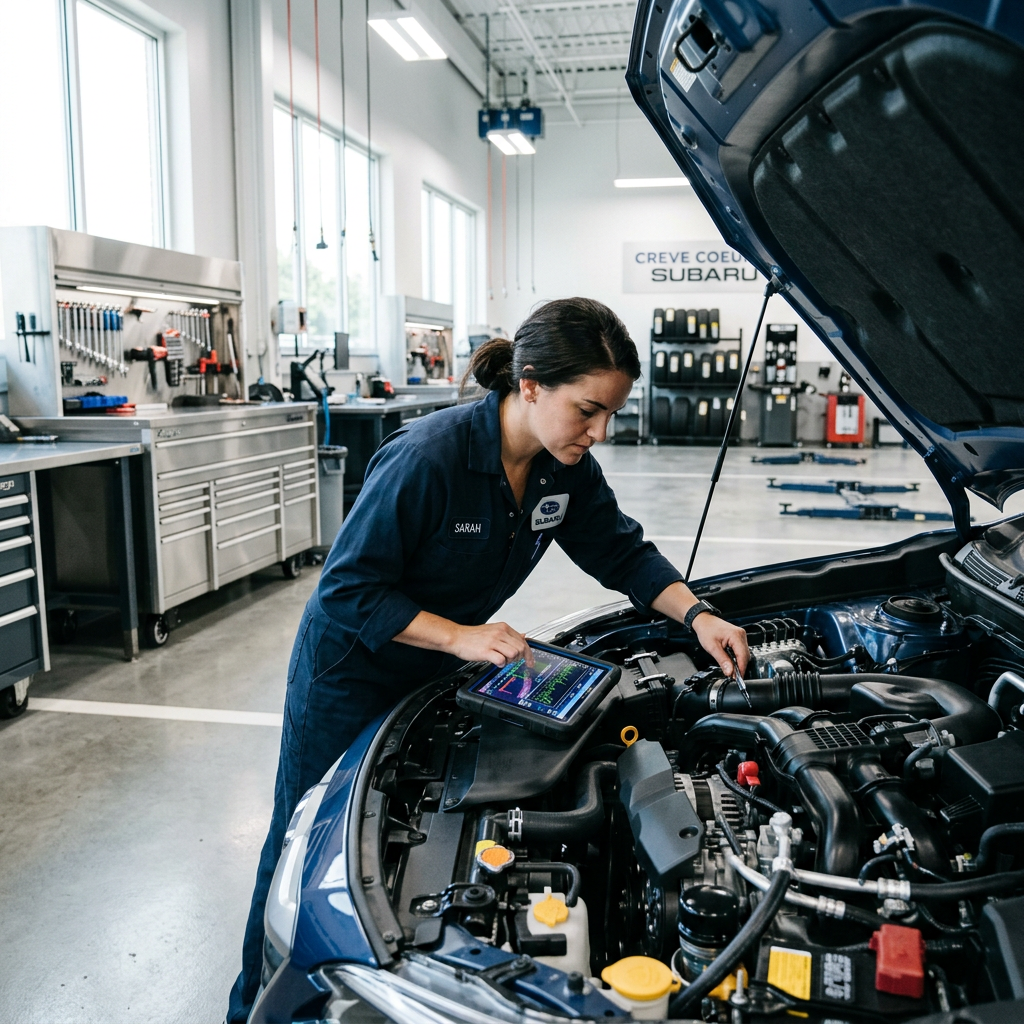 A female mechanic named Sarah in blue overalls diagnostics a Subaru car engine using a tablet in a bright workshop. (Representative image for illustration purposes only. Actual vehicle may vary based on trim and configuration.)