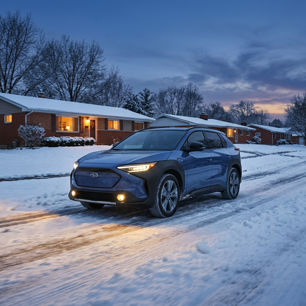 Blue Subaru Solterra electric SUV driving on a snowy suburban street at dusk. (Representative image for illustration purposes only. Actual vehicle may vary based on trim and configuration.)