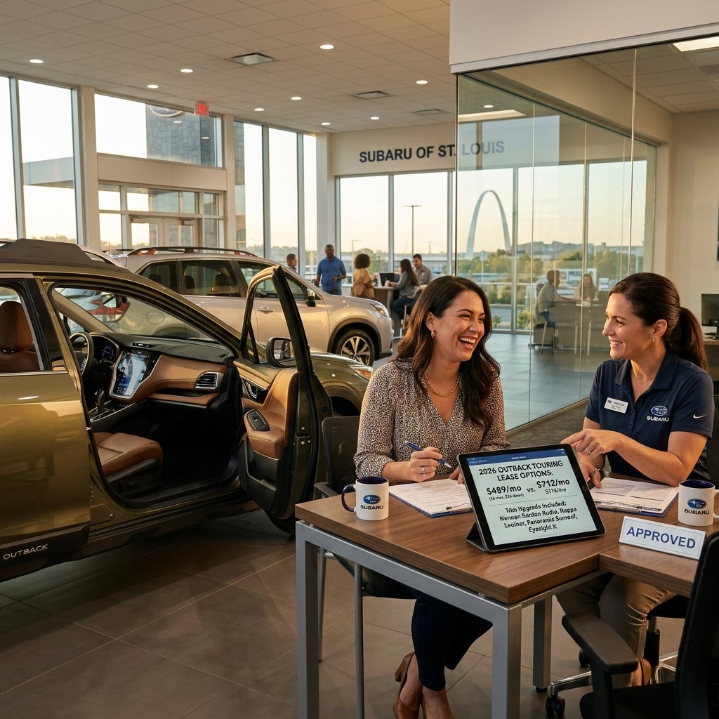 AI generated: Photorealistic cinematic Subaru dealership finance scene inside a modern, upscale showroom in the St. Louis area, featuring a happy customer reviewing affordable lease payment options with a professional Subaru finance specialist. In the foreground, a stunning 2026 Subaru Outback Touring and a Forester Limited sit under elegant showroom lighting, showcasing premium leather interiors, panoramic sunroofs, advanced digital displays, and refined exterior styling. The customer smiles while comparing noticeably lower monthly lease payments displayed on a sleek digital tablet, emphasizing the ability to drive a higher trim level for a budget-friendly price. Subtle visual storytelling contrasts luxury features with financial accessibility, creating an aspirational yet attainable atmosphere. Warm golden-hour sunlight streams through large showroom windows, reflecting beautifully off polished paint and glossy tile floors. Ultra-detailed textures on leather seats, brushed aluminum trim, illuminated dashboards, paperwork, and glass surfaces, cinematic depth of field, premium automotive commercial aesthetic, inviting and financially smart mood, 8K ultra realism.