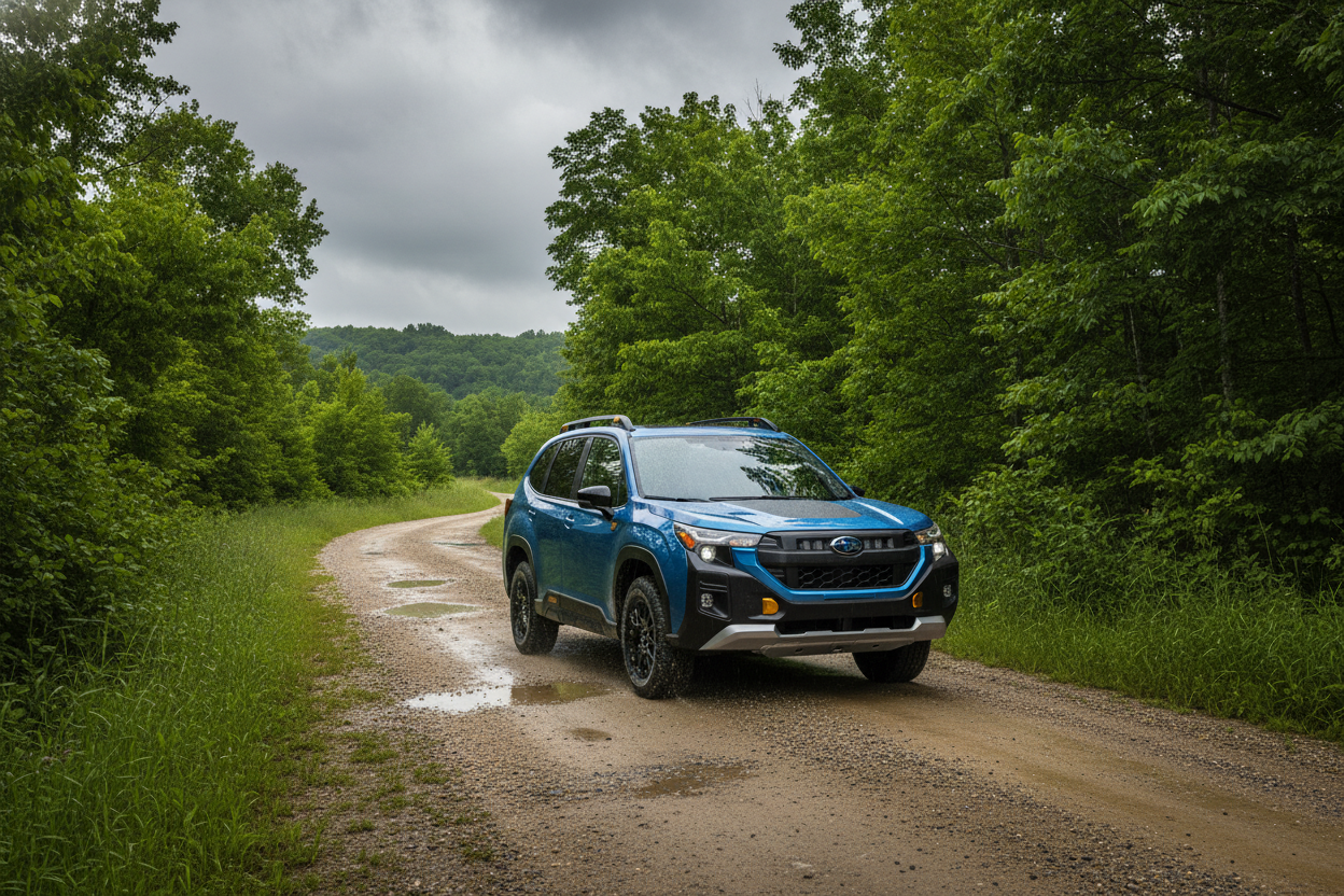 A wide-angle professional shot of the redesigned Subaru Forester parked in a scenic Missouri landscape during sunset.