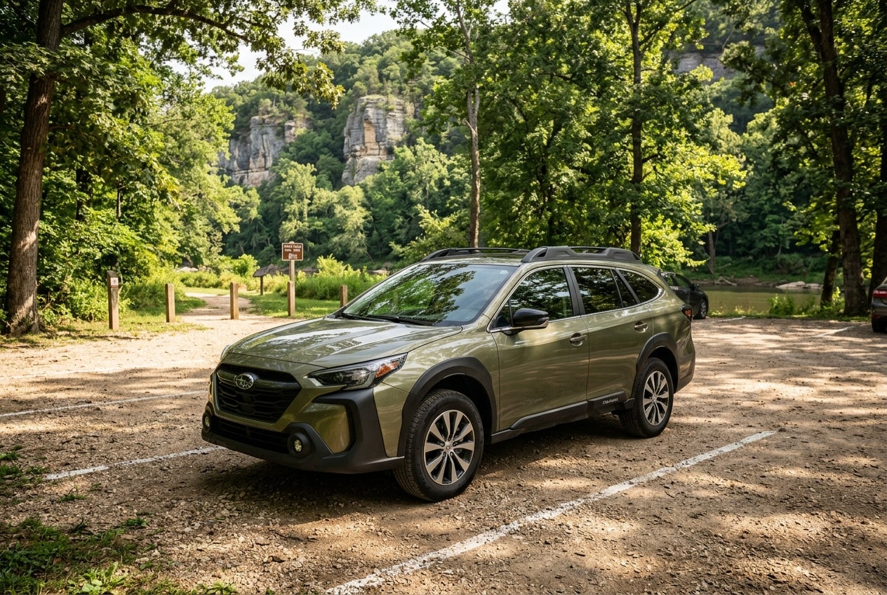 An olive green Subaru Outback parked in a gravel parking lot surrounded by dense forest and towering rock cliffs. (Representative image for illustration purposes only. Actual vehicle may vary based on trim and configuration.)
