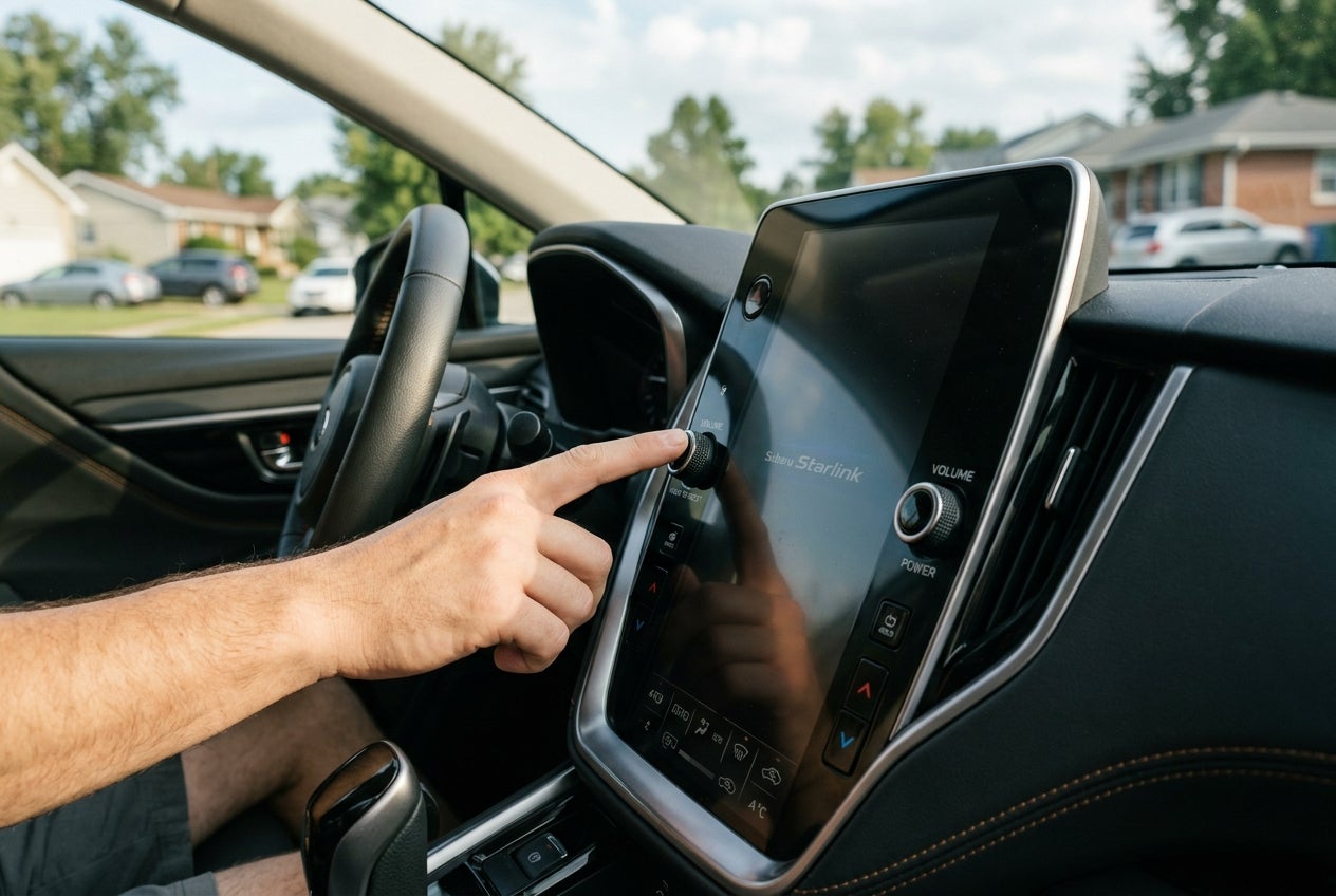 A person's hand turning a dial on a Subaru STARLINK touchscreen dashboard in a car interior. (Representative image for illustration purposes only. Actual vehicle may vary based on trim and configuration.)