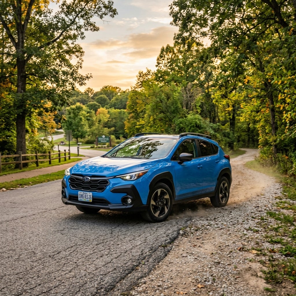 A bright blue Subaru Crosstrek driving along a rural road lined with trees during sunset. (Representative image for illustration purposes only. Actual vehicle may vary based on trim and configuration.)