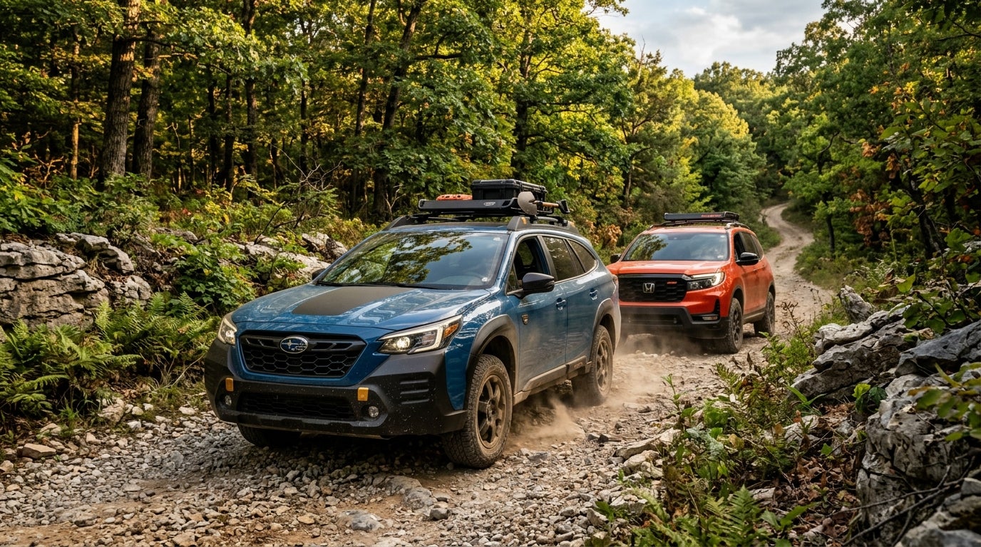 AI generated: Cinematic automotive photography, a 2026 Subaru Outback Wilderness in Geyser Blue and a Honda Passport TrailSport in vibrant orange-red, navigating a rugged limestone-lined trail through the lush Mark Twain National Forest in Missouri, dynamic low-angle composition, dense oak and hickory trees in the background, wheels kicking up light dust on a gravel path, golden hour sunlight filtering through the forest canopy creating dappled light across the hoods, realistic textures of adventure-ready tires and matte black body cladding, professional car commercial aesthetic, vibrant earthy color palette of deep greens and rich browns, clear blue sky visible through the branches, high-resolution, sharp focus on the front grilles, capturing a spirit of midwestern off-road exploration.