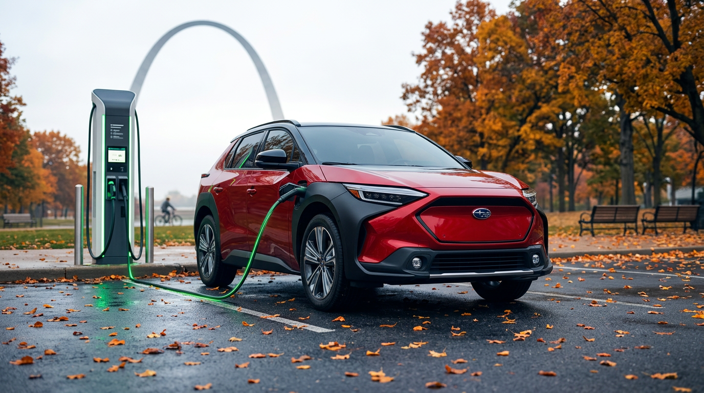 A red Subaru Solterra electric SUV charges at a public station with the St. Louis Gateway Arch in the background. (Representative image for illustration purposes only. Actual vehicle may vary based on trim and configuration.)