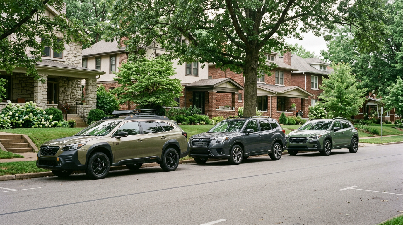 Three Subaru SUVs parked in a row on a quiet, tree-lined suburban street in front of brick houses. (Representative image for illustration purposes only. Actual vehicle may vary based on trim and configuration.)