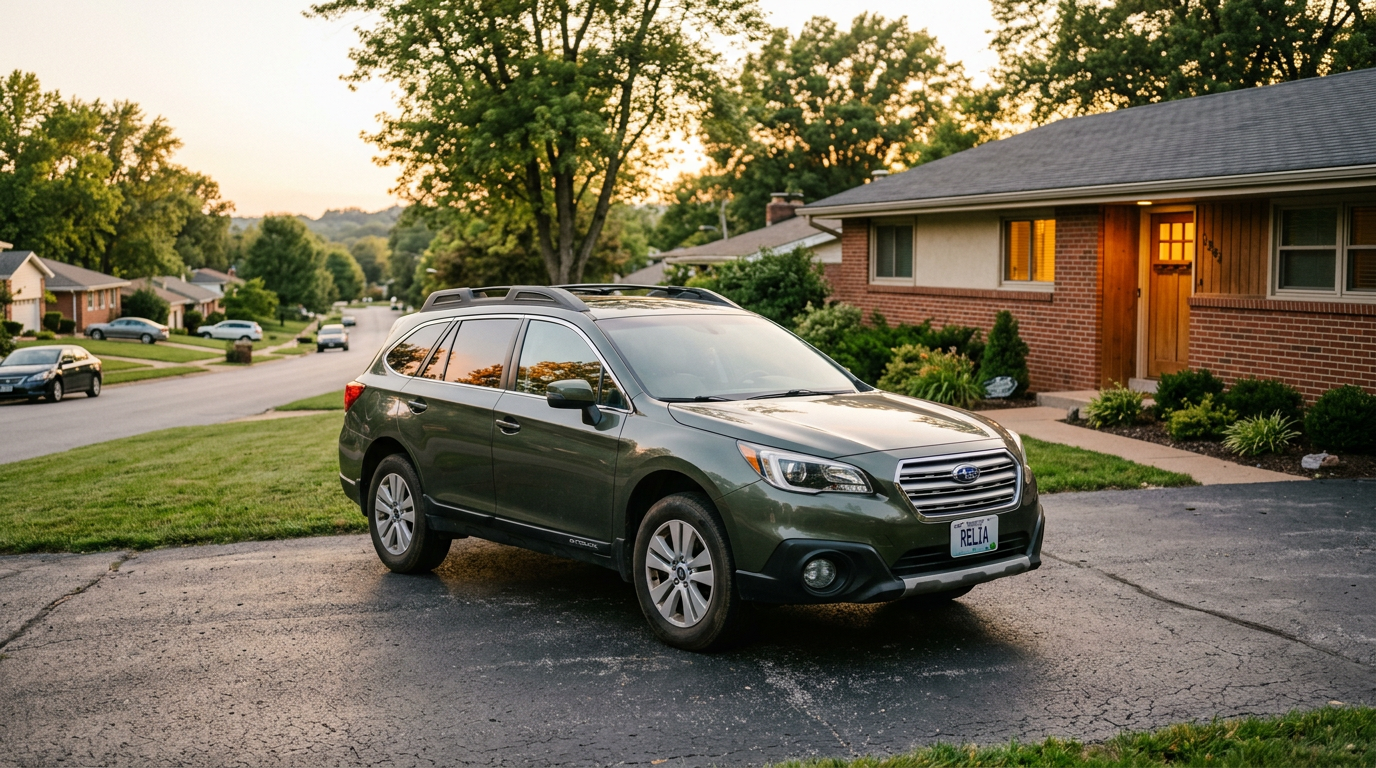 A green Subaru Outback parked on an asphalt driveway in front of a brick ranch-style house at sunset. (Representative image for illustration purposes only. Actual vehicle may vary based on trim and configuration.)