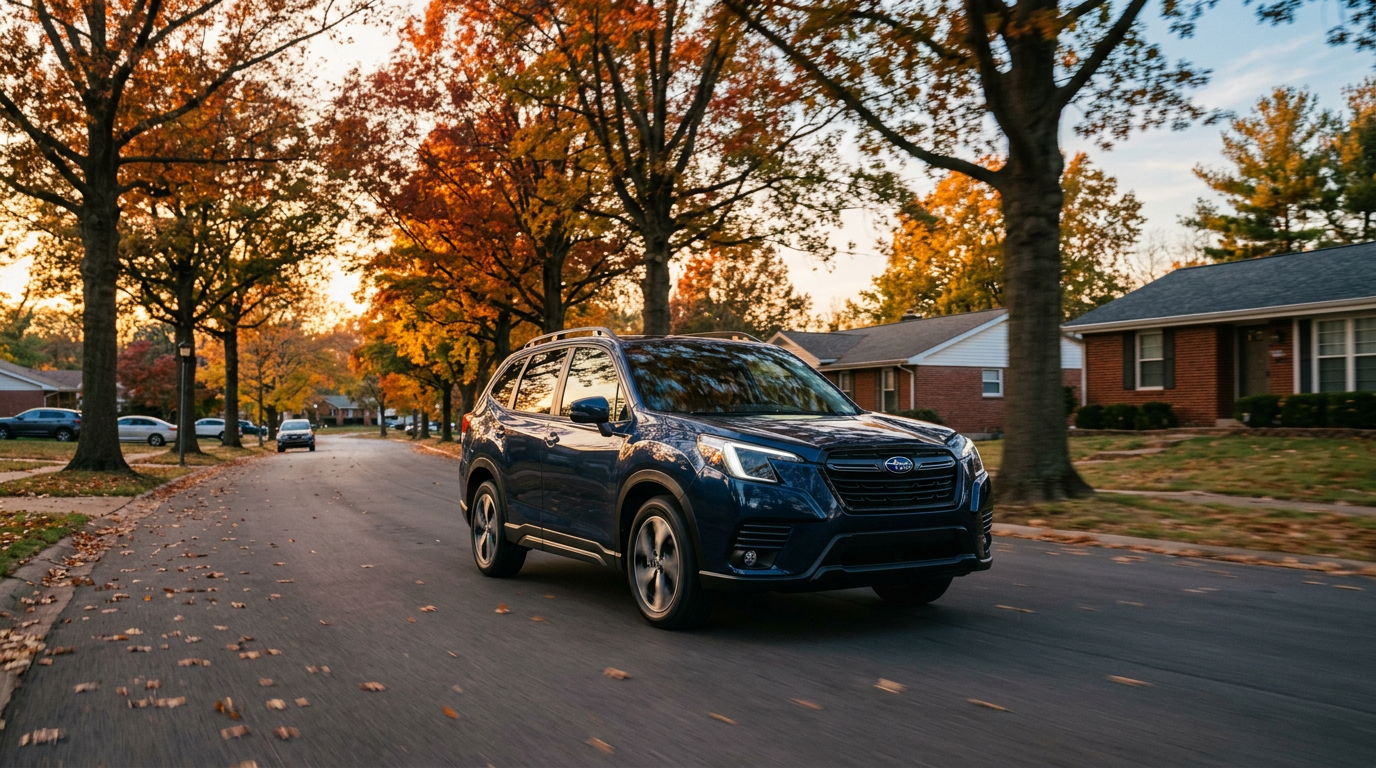 A dark blue Subaru SUV driving down a suburban street lined with colorful autumn trees. (Representative image for illustration purposes only. Actual vehicle may vary based on trim and configuration.)
