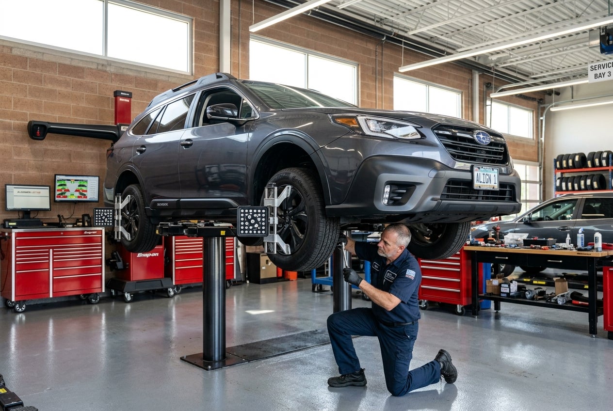 Mechanic kneeling under an elevated grey Subaru SUV using tools to perform a wheel alignment in a service bay. (Representative image for illustration purposes only. Actual vehicle may vary based on trim and configuration.)