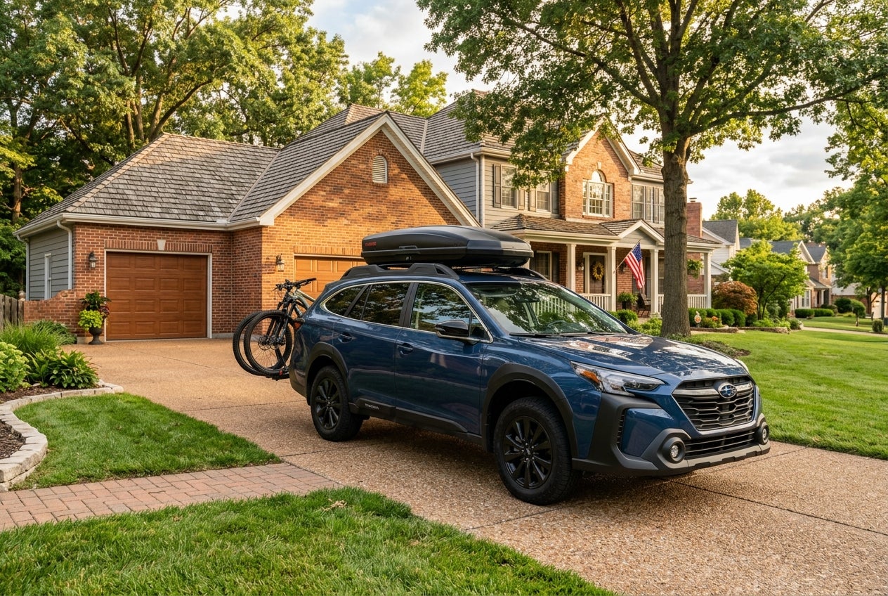 A blue Subaru Outback with a roof cargo box and bike rack parked in a suburban driveway. (Representative image for illustration purposes only. Actual vehicle may vary based on trim and configuration.)