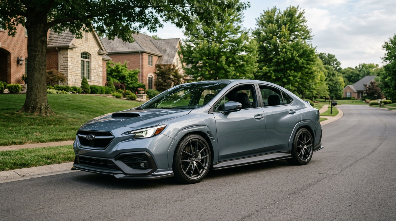 Gray sporty sedan parked on suburban street with trees and houses (Representative image for illustration purposes only. Actual vehicle may vary based on trim and configuration.)