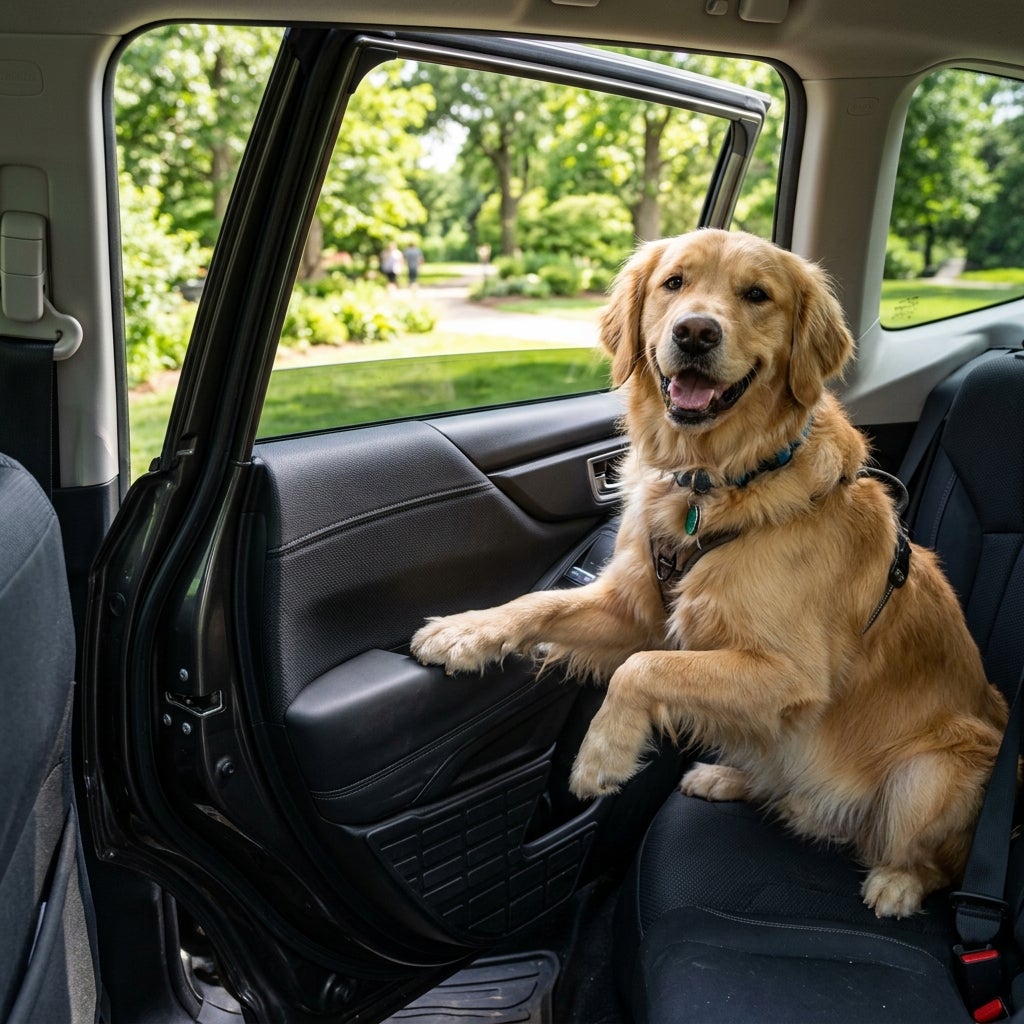 A happy golden retriever sits in the backseat of a car with an open door looking at the camera. (Representative image for illustration purposes only. Actual vehicle may vary based on trim and configuration.)