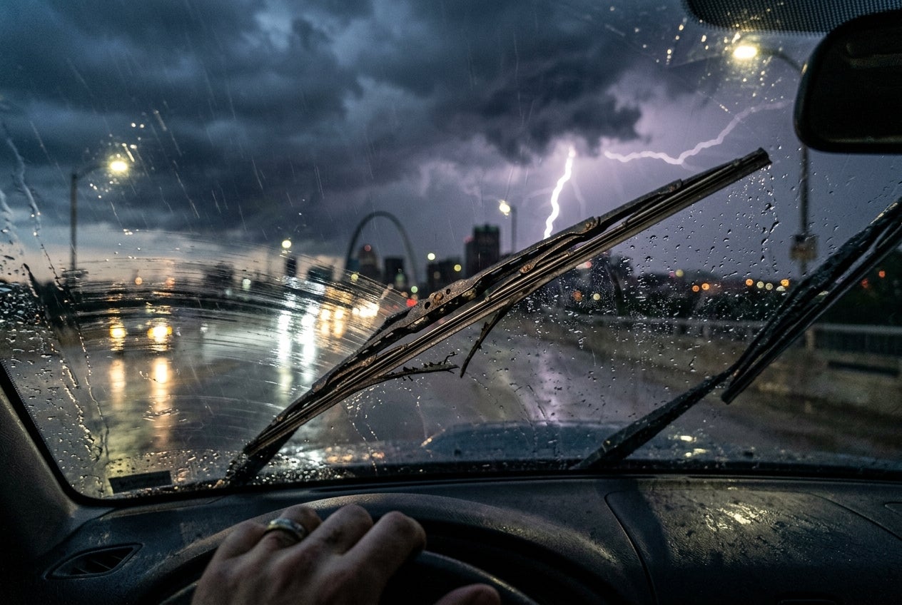 A person's hand on a steering wheel during a heavy thunderstorm with lightning over the St. Louis skyline.
