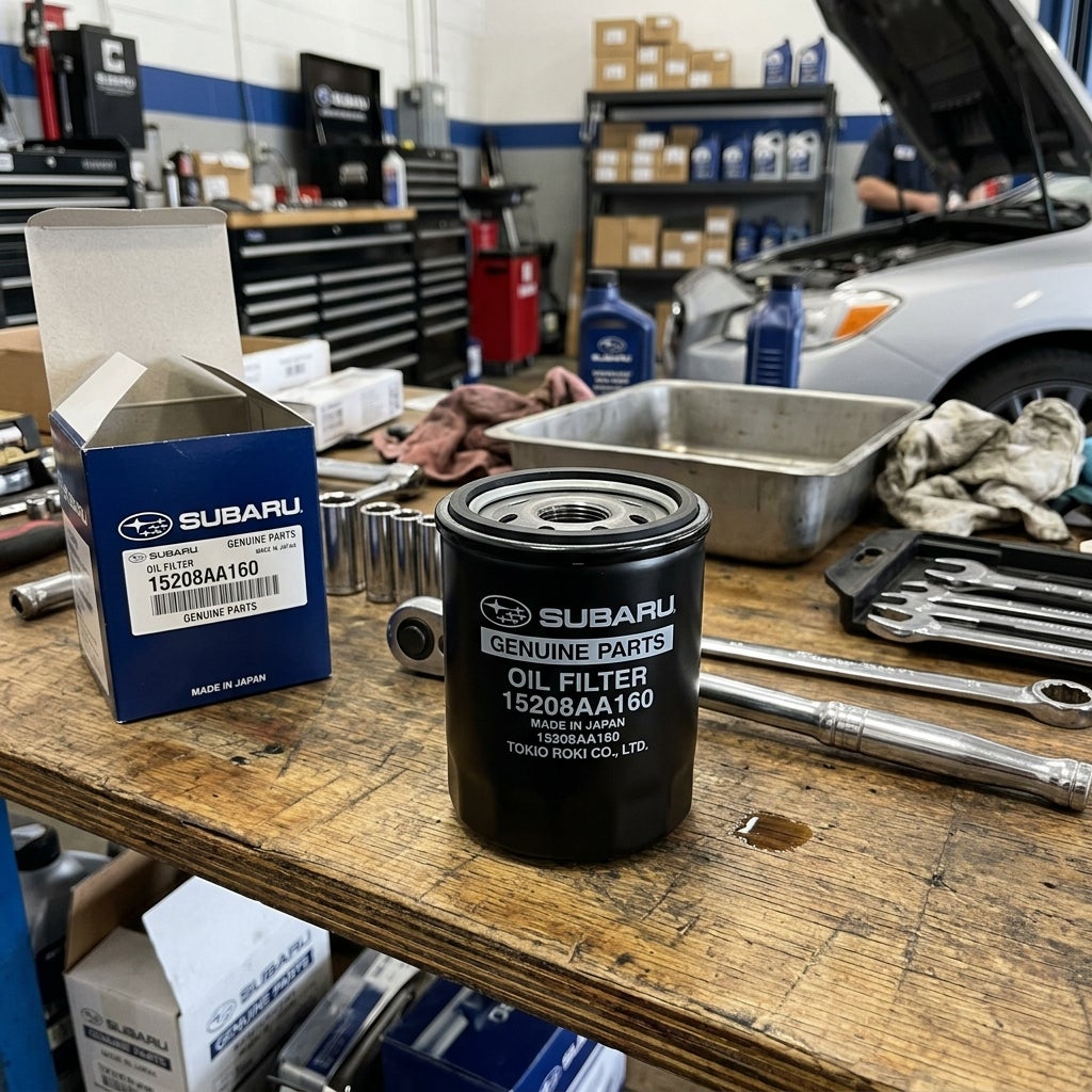 Comparison of a blue Genuine Subaru oil filter next to a generic aftermarket filter