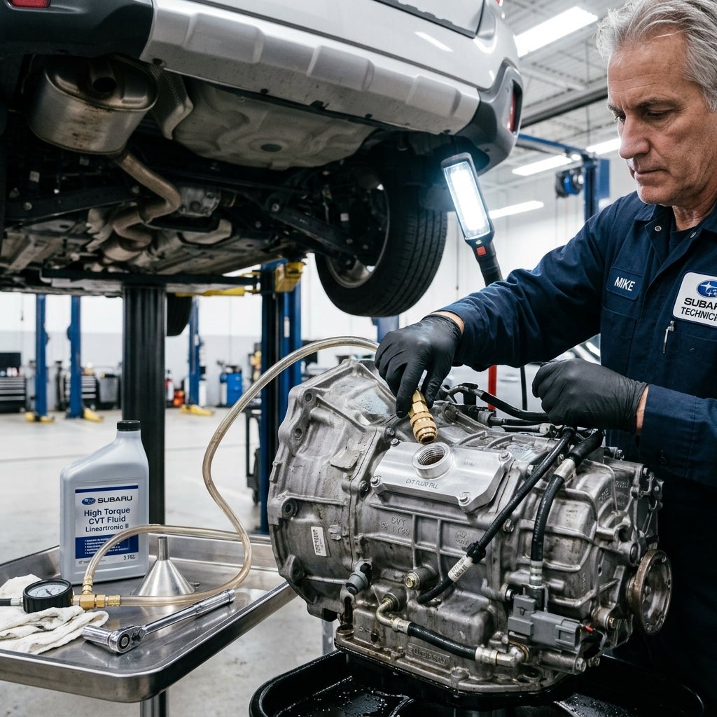A Subaru mechanic named Mike servicing a removed CVT transmission with fluid in an auto repair shop. (Representative image for illustration purposes only. Actual vehicle may vary based on trim and configuration.)