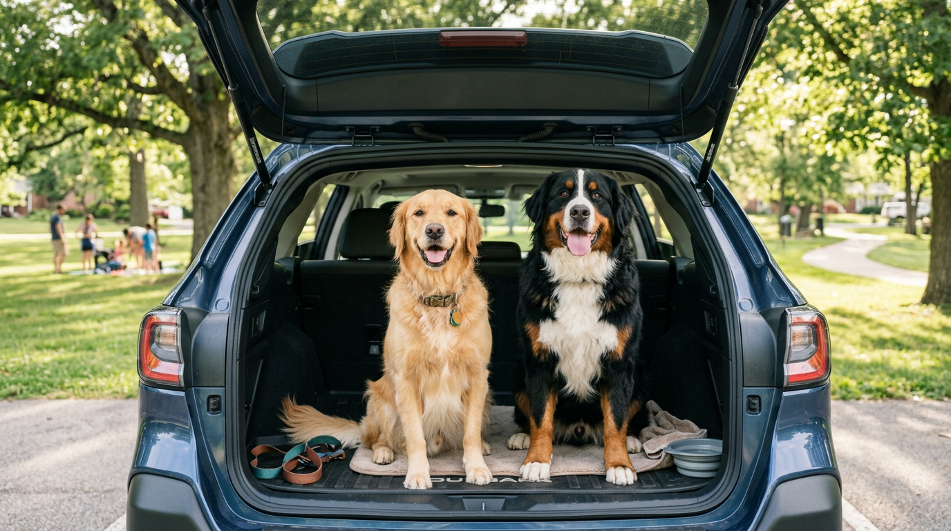 A golden retriever and a Bernese mountain dog sit side-by-side in the open trunk of a blue SUV. (Representative image for illustration purposes only. Actual vehicle may vary based on trim and configuration.)