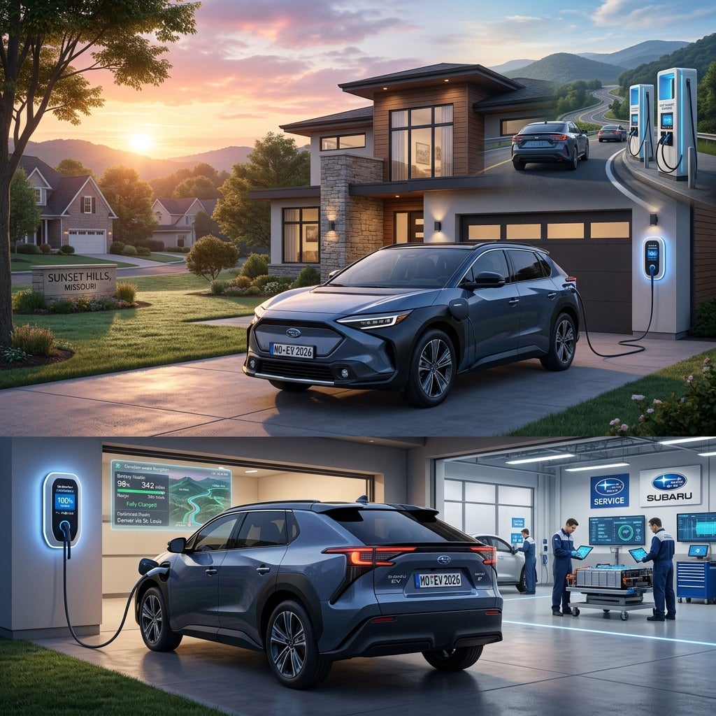 Collage showing a blue Subaru electric SUV charging at home and being serviced at a dealership.