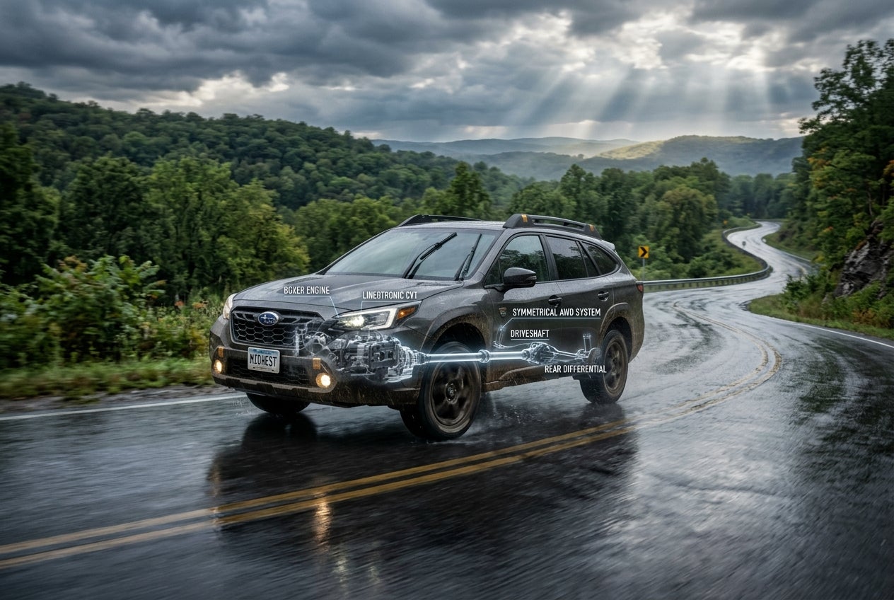 AI generated: A cinematic low-angle tracking shot of a modern Subaru SUV navigating a winding, wet road through the rolling hills of the American Midwest. The vehicle's chassis features a subtle, ethereal glow through a semi-transparent X-ray effect, highlighting the perfectly balanced and linear Symmetrical All-Wheel Drive system, including the boxer engine, transmission, and driveshaft in perfect alignment. The asphalt is slick from a recent Midwestern downpour, featuring realistic water splashes and high-contrast reflections. The surrounding environment consists of lush deciduous trees and distant hazy hills under a dramatic sky where sunbeams break through heavy storm clouds. The color palette is dominated by slate grays, deep forest greens, and the metallic shimmer of the car, evoking a mood of safety, high-tech engineering, and absolute control, photorealistic, 8k resolution, highly detailed textures.