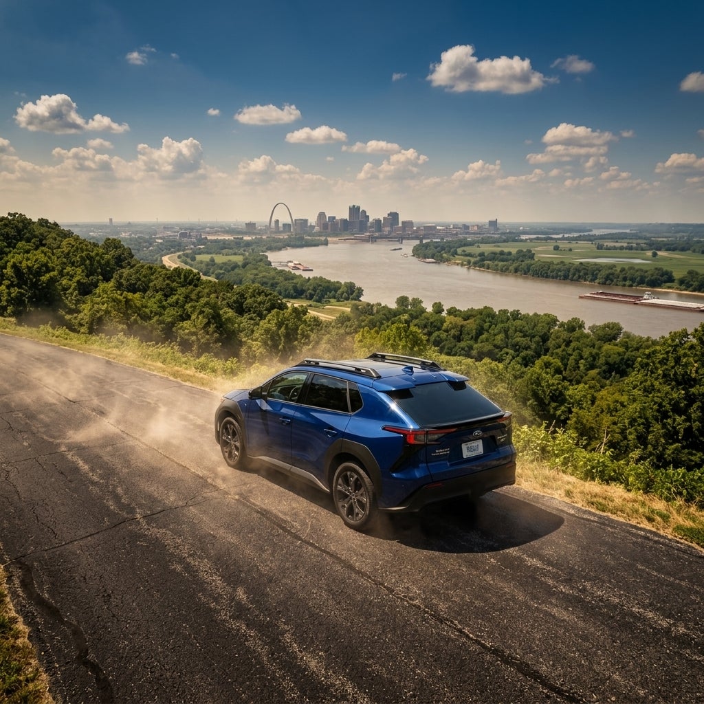 AI generated: Award-winning automotive commercial scene showing a 2026 Subaru Trailseeker EV effortlessly navigating a humid Missouri summer, panoramic view of the Mississippi River Valley and St. Louis skyline in the distance, heat visibly radiating from the pavement, premium electric SUV, cinematic drone perspective, luxury adventure vehicle, IMAX-quality cinematography, ultra-photorealistic, 8K HDR.