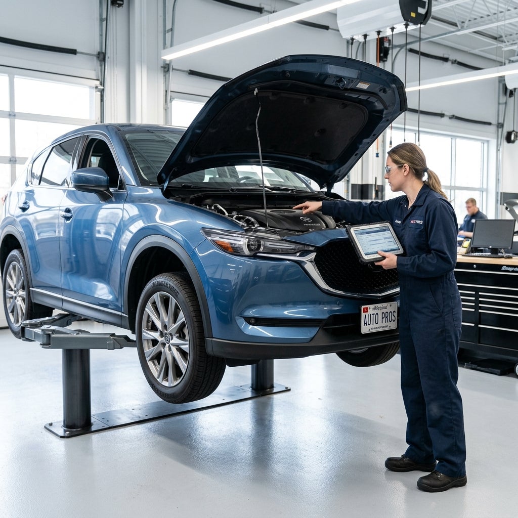 Female mechanic holding a diagnostic tablet while inspecting an engine under the open hood of a blue SUV on a lift. (Representative image for illustration purposes only. Actual vehicle may vary based on trim and configuration.)