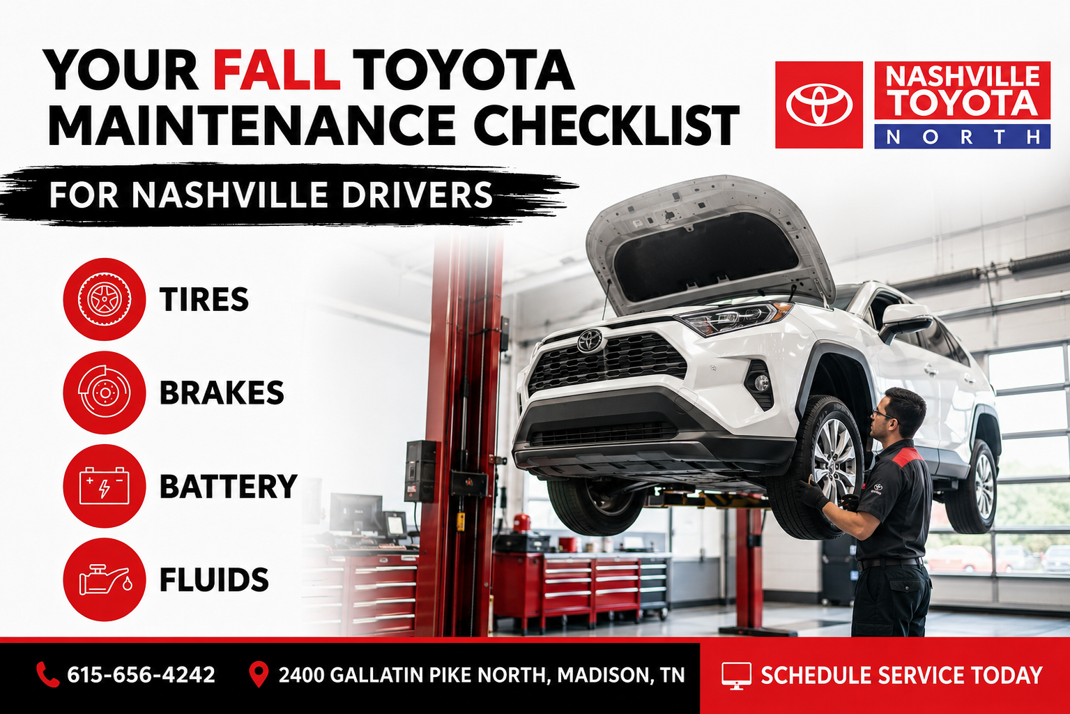 Toyota SUV being serviced by a technician for fall maintenance at a Nashville dealership