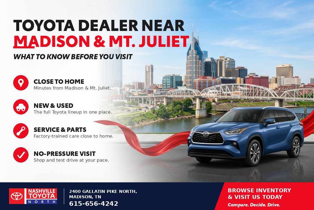 Toyota dealer serving Madison and Mt. Juliet TN with new and used Toyota vehicles on the lot