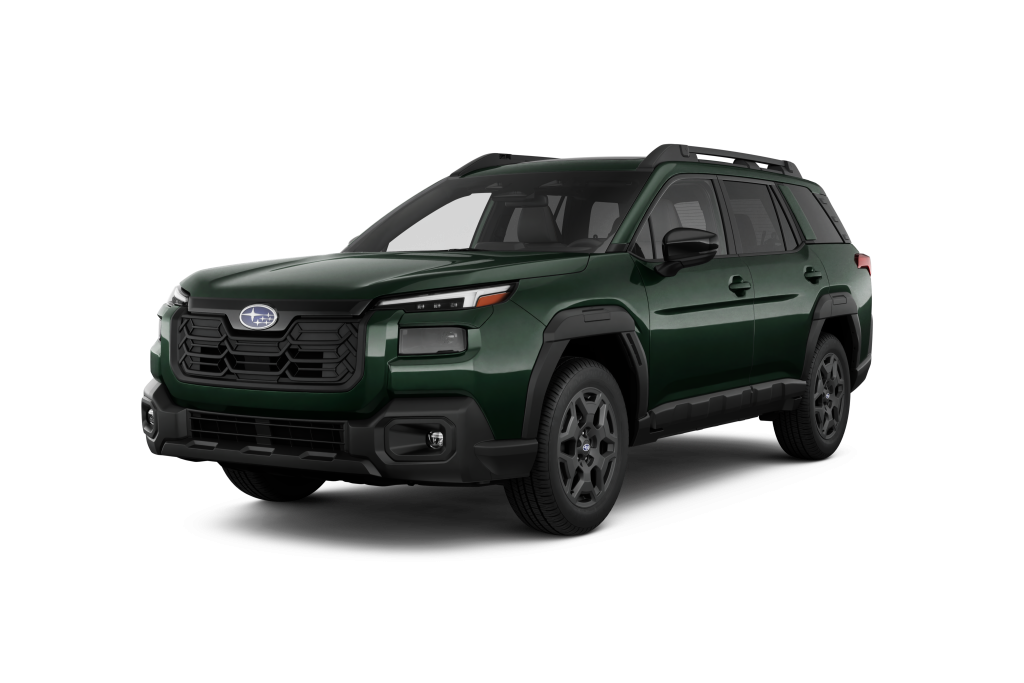 Front Angle Passenger Side or Driver Side Exterior Detail of the 2026 Outback Limited in Deep Emerald Green Pearl with Titanium Gray Leather