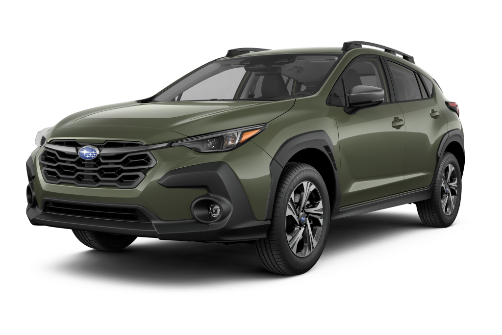 Front Angle Passenger or Driver Side Exterior Detail of the 2026 Crosstrek Premium in Alpine Green with Black Cloth