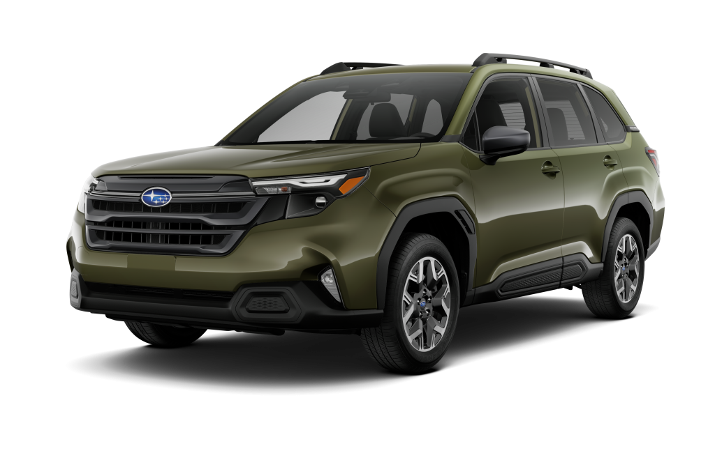 Front Angle Passenger or Driver Side Exterior Detail of the 2026 Forester Premium in Autumn Green Metallic with Premium Black Cloth
