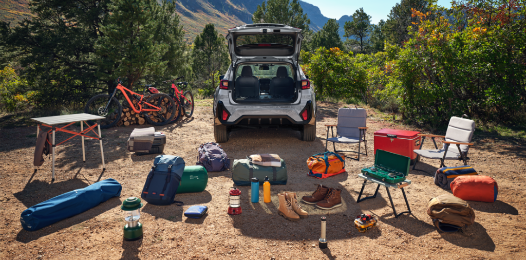 crosstrek rear trunk open with camping material