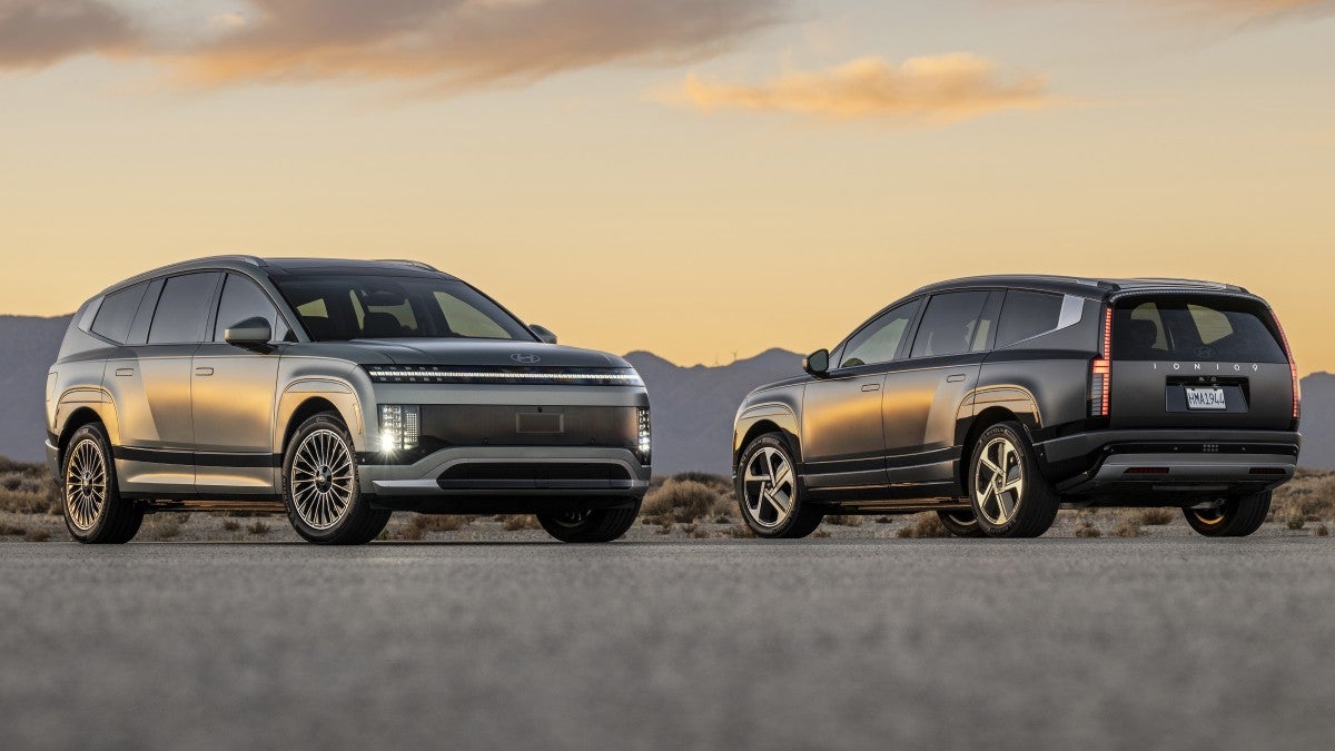 Two 2026 IONIQ 9 electric SUVs Calligraphy & Limited parked