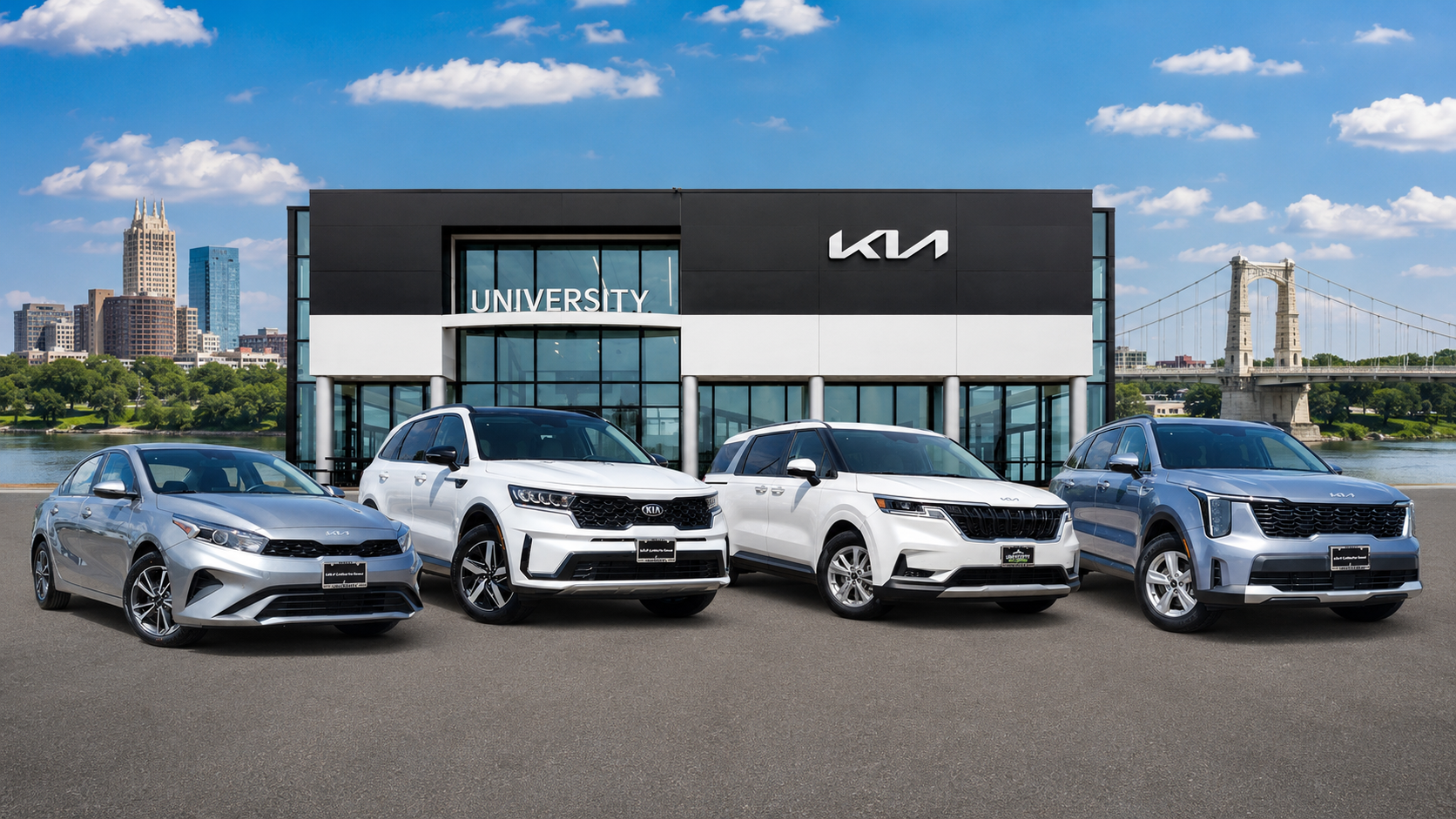 Pre-owned Kia vehicles in front of University Kia dealership in Waco Texas