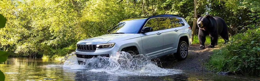 Jeep Grand Cherokee fording a forest stream beside a black bear.