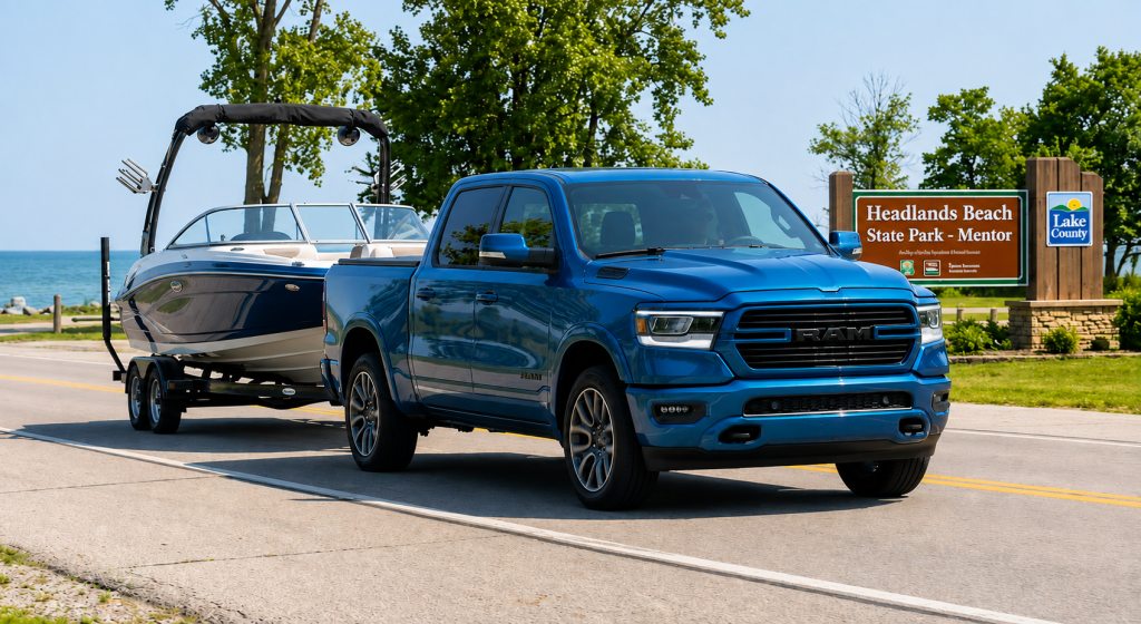 Blue RAM 1500 pickup truck towing a boat on a dual-axle trailer along a road near Headlands Beach State Park on a sunny day.