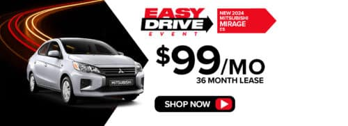 Advertisement banner for a 2024 Mitsubishi Mirage lease offer. Shows a silver car, $99/month for 36 months. Features bold text and a "Shop Now" button.