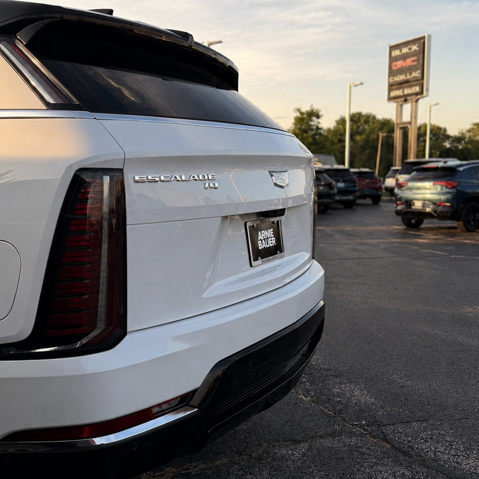 White Escalade IQ- an electric vehicle available for sale at the EV award winning store Arnie Bauer Cadillac in Matteson, IL