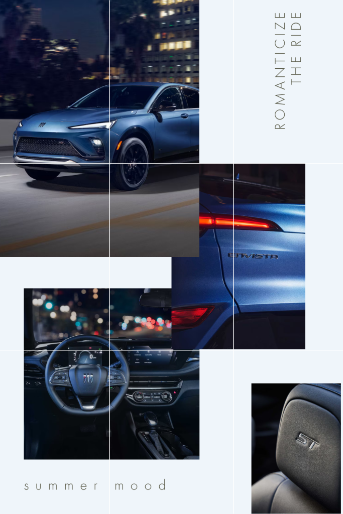 a collage highlight different angles and shots of the exterior and interior of the Buick Envista 
