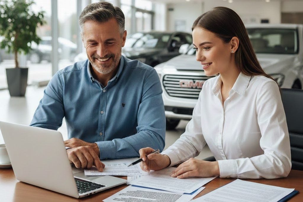 Customer reviewing transparent car pricing with a product specialist at 
