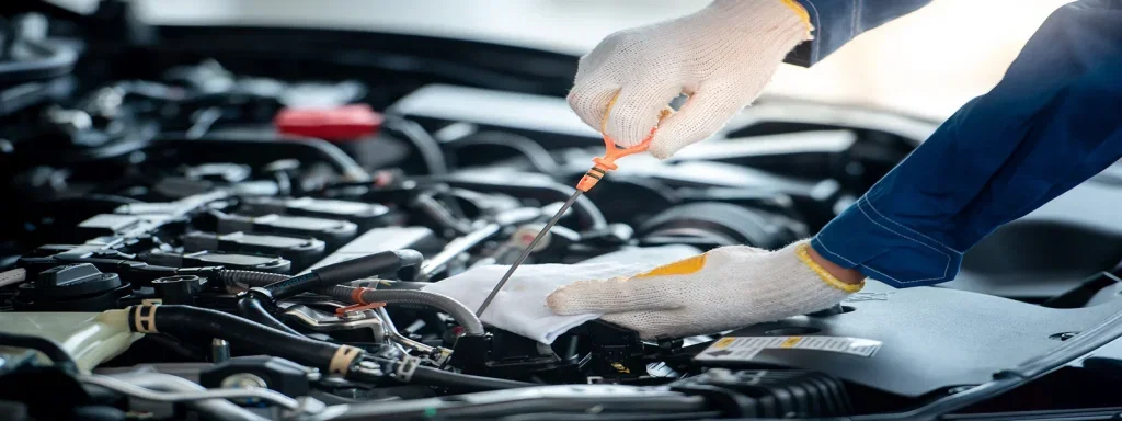 A mechanic checking the oil level using a dipstick in a car engine.