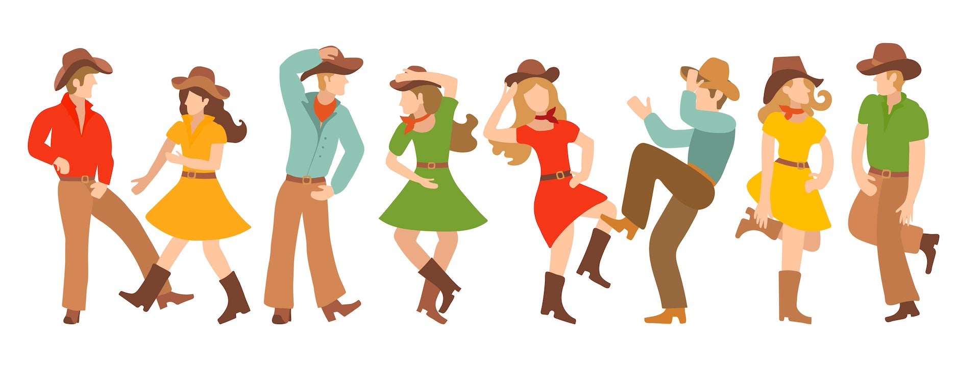 Collection of vector illustrations with pairs of country dancers. Blondites in colorful traditional clothes dance in the American style. Design or poster for cowboy party, western dance school, team logo