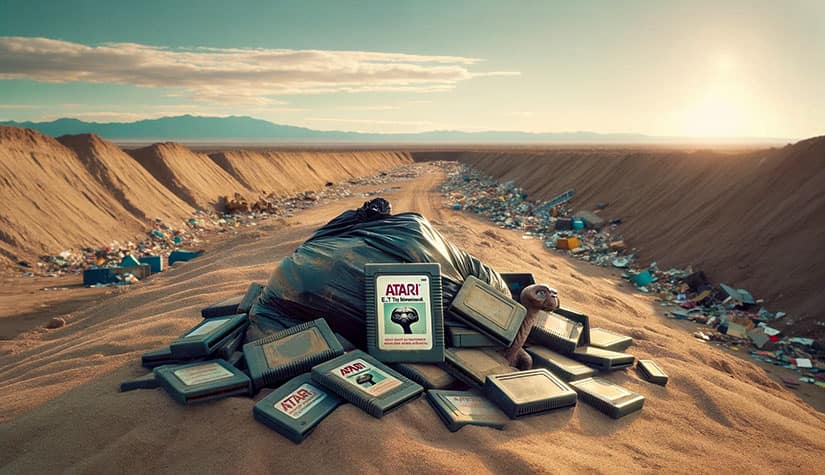 image of a huge trash ditch in a desert with a large number of the ET movie atari game sitting front and center of the frame 