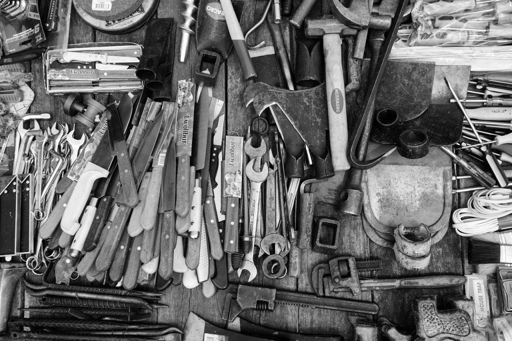 A pile of tools on a table near Bishop, CA