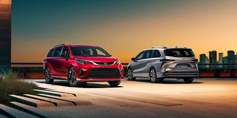 Two 2024 Toyota Sienna SUVs parked both forward and backwards to show off the new features in Bishop, CA 