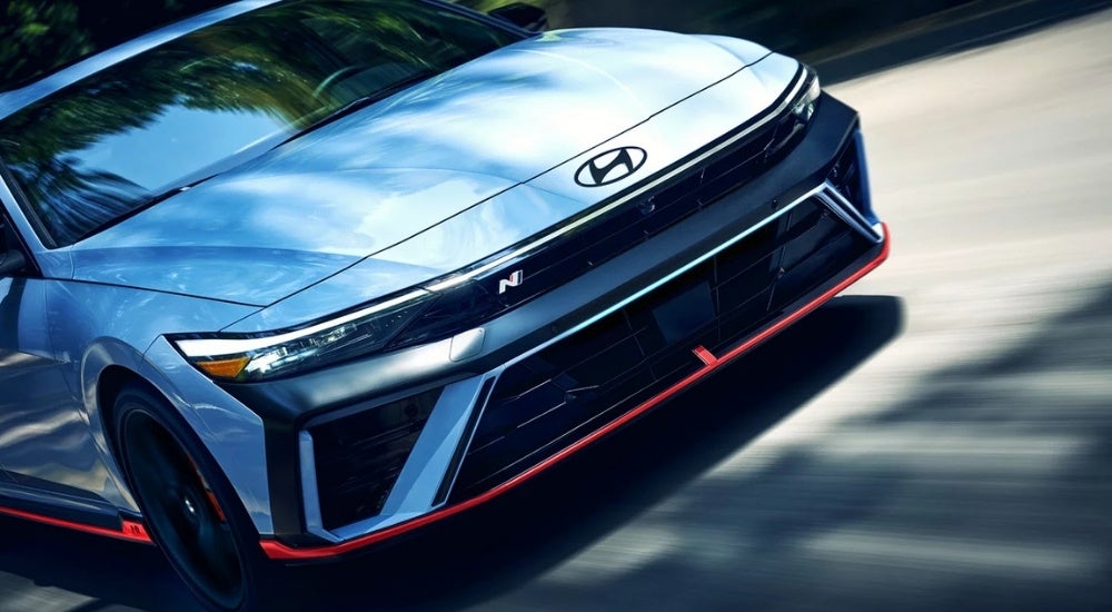 Close-up of the front end of a blue 2025 Hyundai Elantra N.