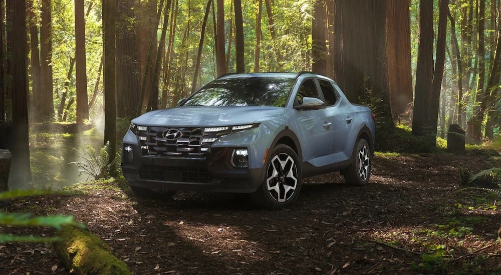 A green 2024 Hyundai Santa Cruz parked in a forest.