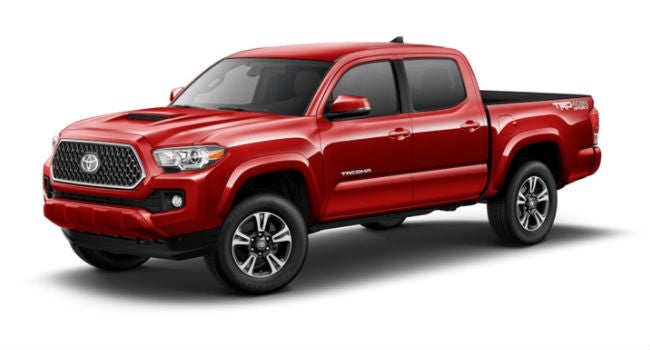 A front left quarter view of a Barcelona Red Metallic 2018 Tacoma