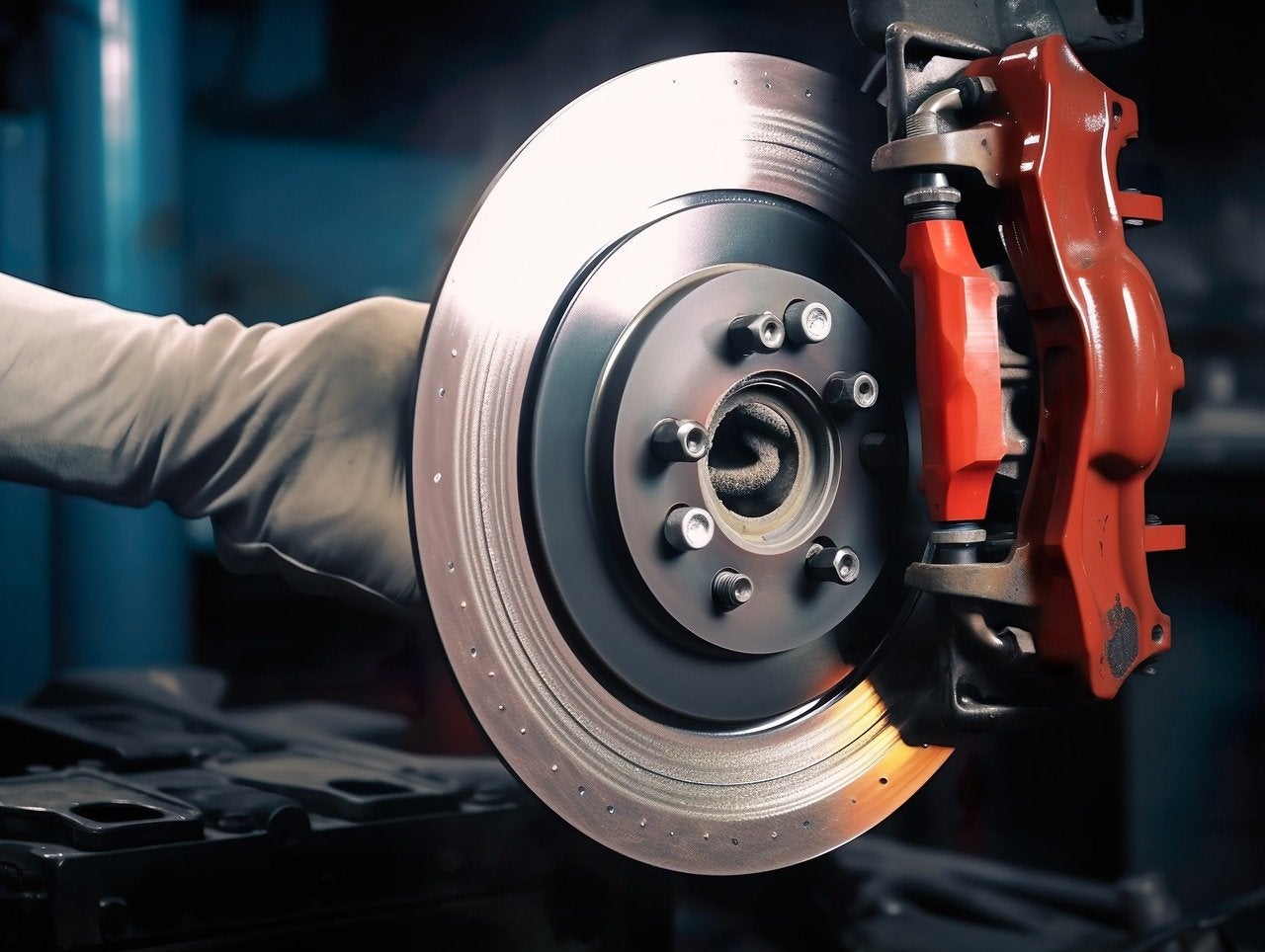 A car's brake being repaired