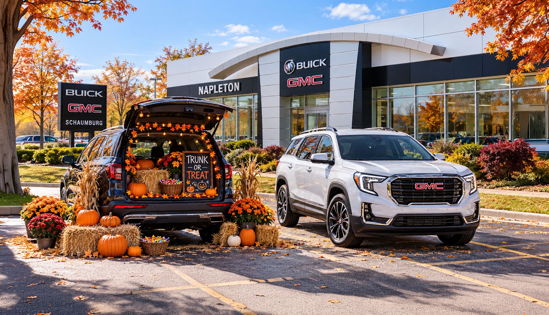 Decorated vehicle trunks with candy and pumpkins at the Napleton's Schaumburg Buick GMC trunk or treat