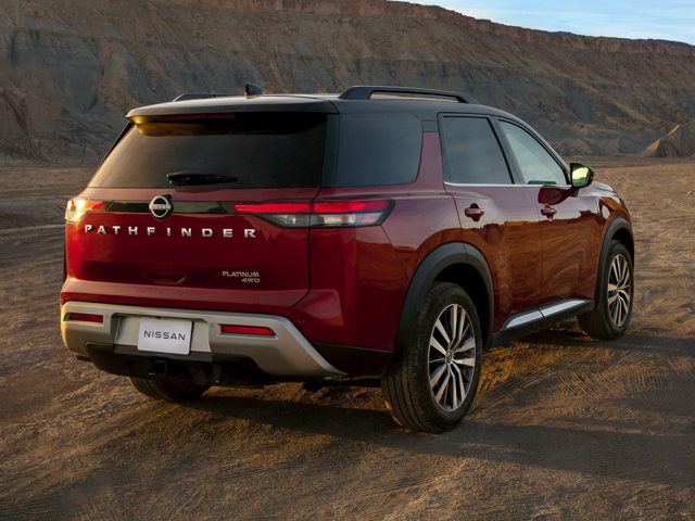 Rear profile view of a red 2024 Nissan Pathfinder | Nissan dealer in Chesapeake, VA | Banister Nissan of Chesapeake