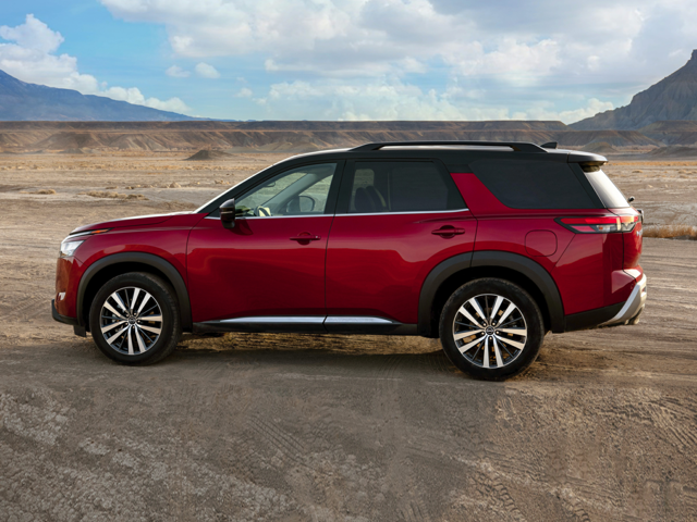 Profile view of a red 2024 Nissan Pathfinder | Nissan Dealer in Norfolk, VA | Banister Nissan of Norfolk